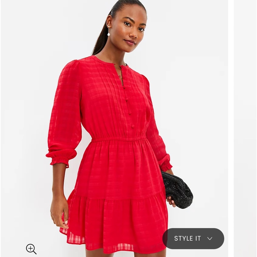 Loft Plaid Pintucked Tiered Flare Dress in Red, Size Medium - Picture 15 of 16